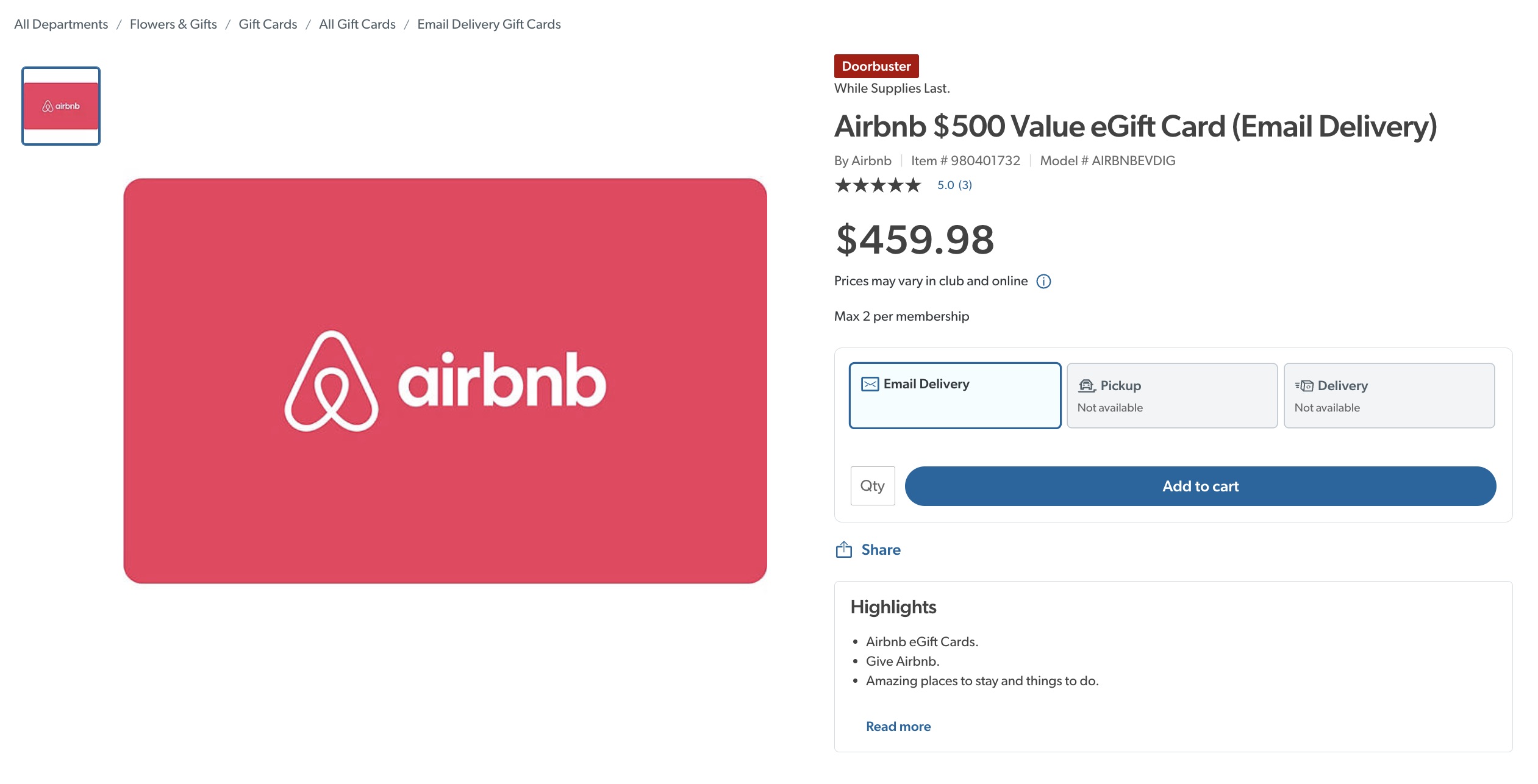 Airbnb 礼卡折扣:Sam's Club 花 9.98 买 0