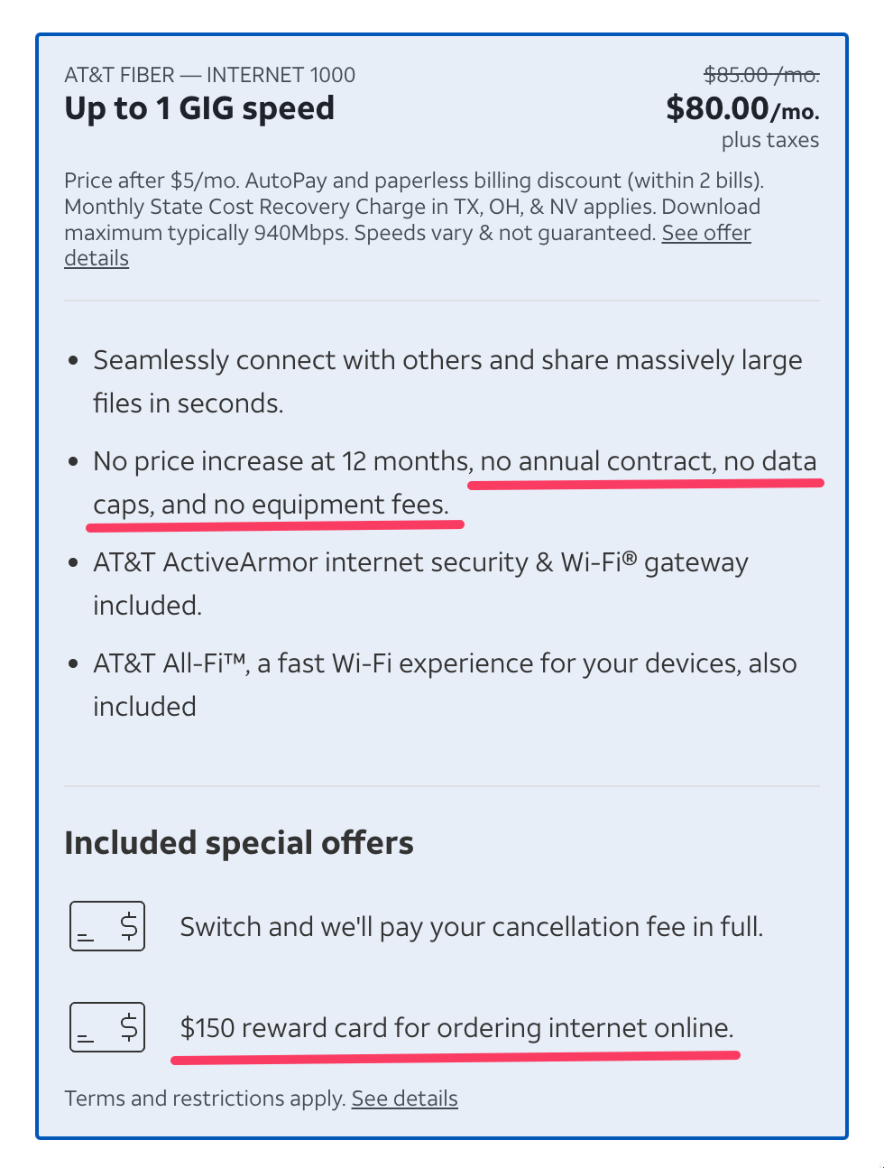 AT&T Fiber 开通即送 0 礼卡，无合约，相当于免费 2 个月