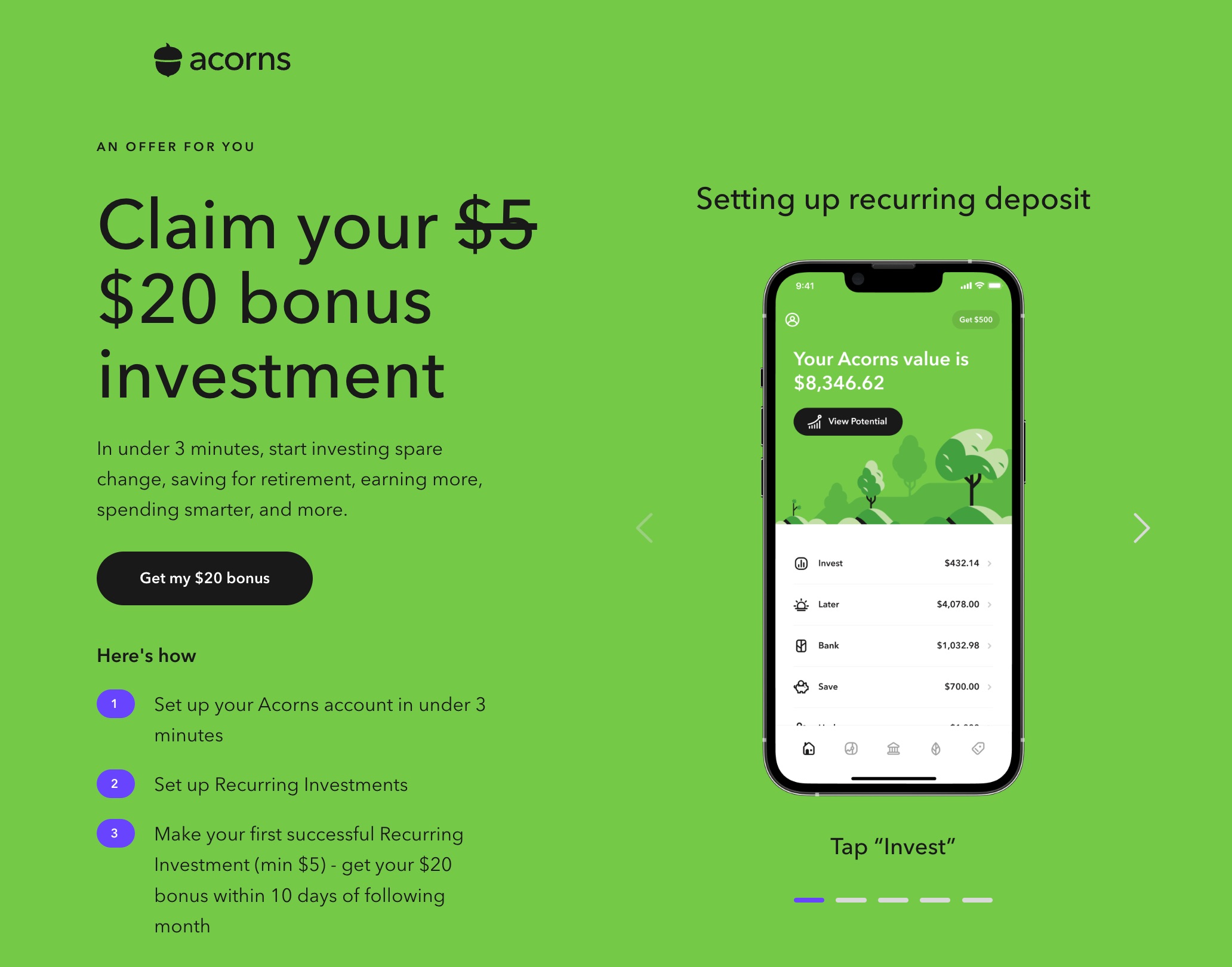 Acorns：无压力存款的微投资理财 App【注册奖励 ，11/29 更新：邀请 4 人奖励 0】