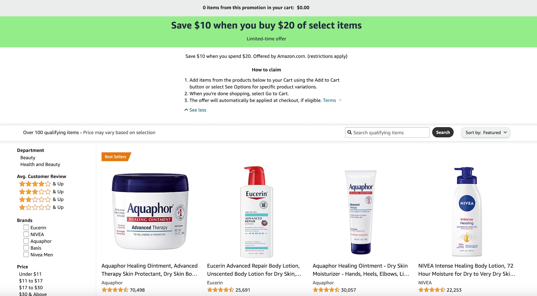 Amazon 折扣：护肤产品 (Skincare) 满  减 【Eucerin, Nivea, Aquaphor 等品牌】