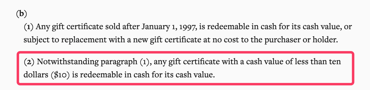 羊毛小技巧：在加州低于  的 Gift Card 可直接换成现金