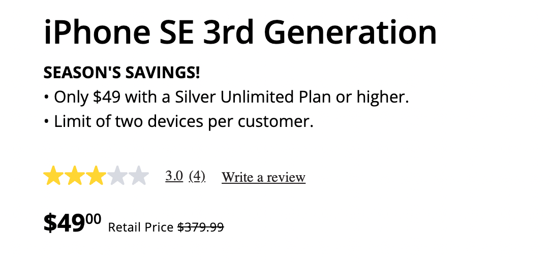 Straight Talk iPhone SE 3rd 仅需 ,可 trade-in 0【11/11:ShopKick 叠加 返现】