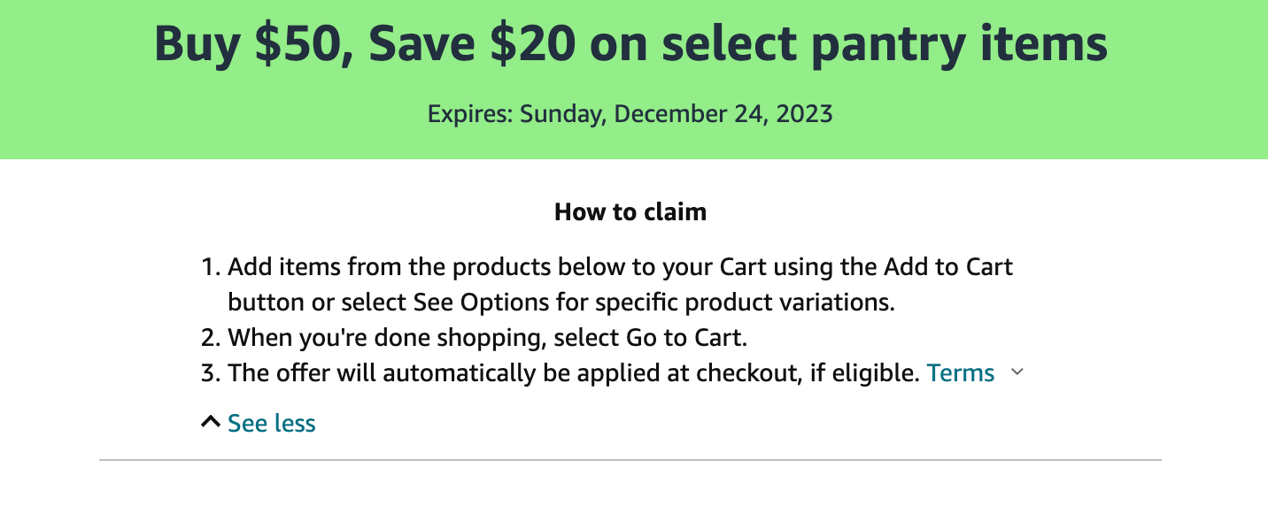 Amazon 折扣：食品杂货满  减 【12/24 截止】