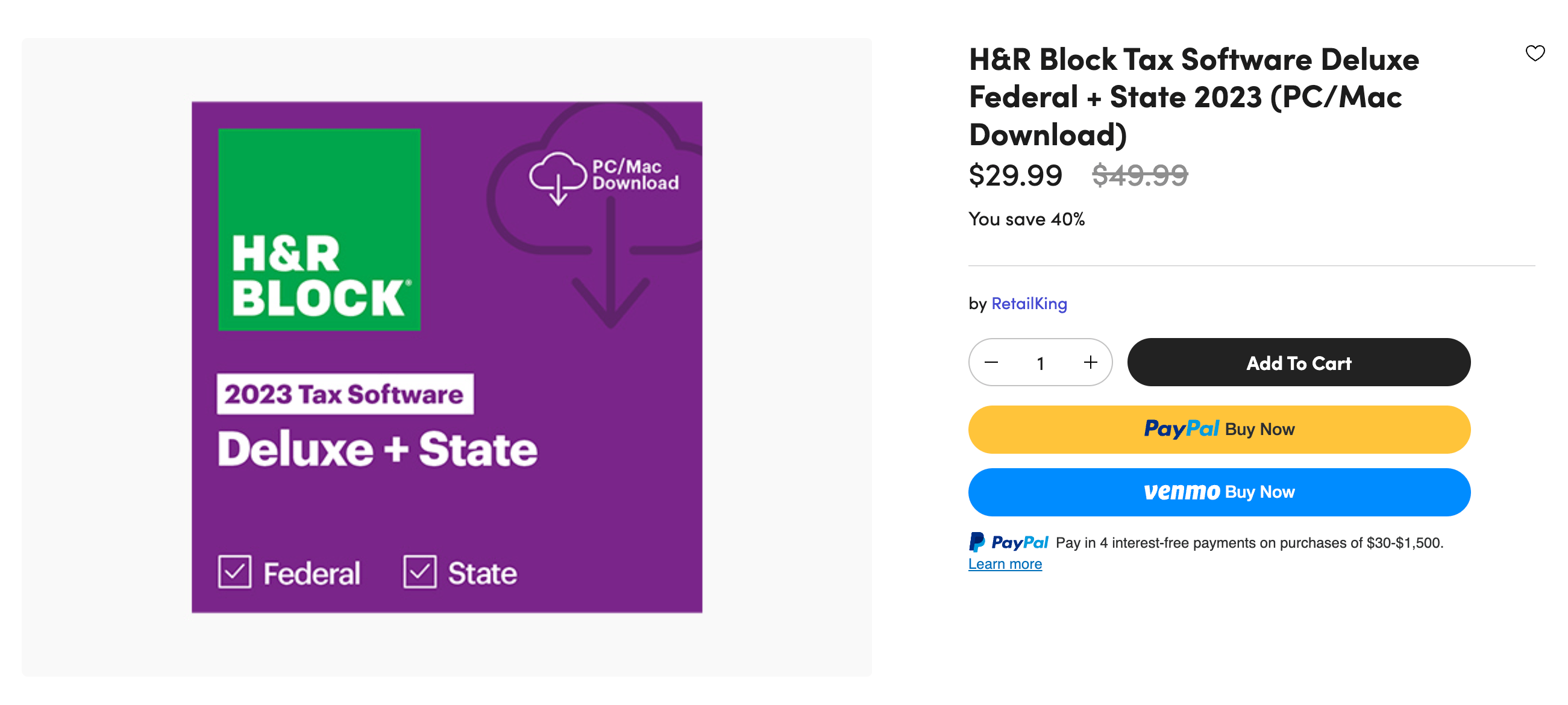 H&R Block 报税软件优惠：Deluxe Federal + State 2023 仅需 .99（原价 .99）