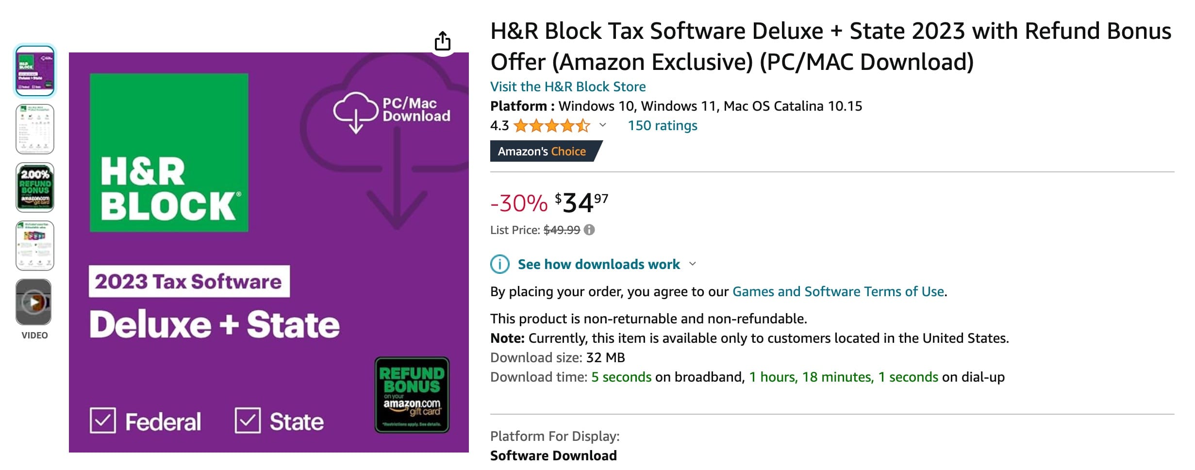 H&R Block 报税软件优惠：Deluxe Federal + State 2023 仅需 .99（原价 .99）