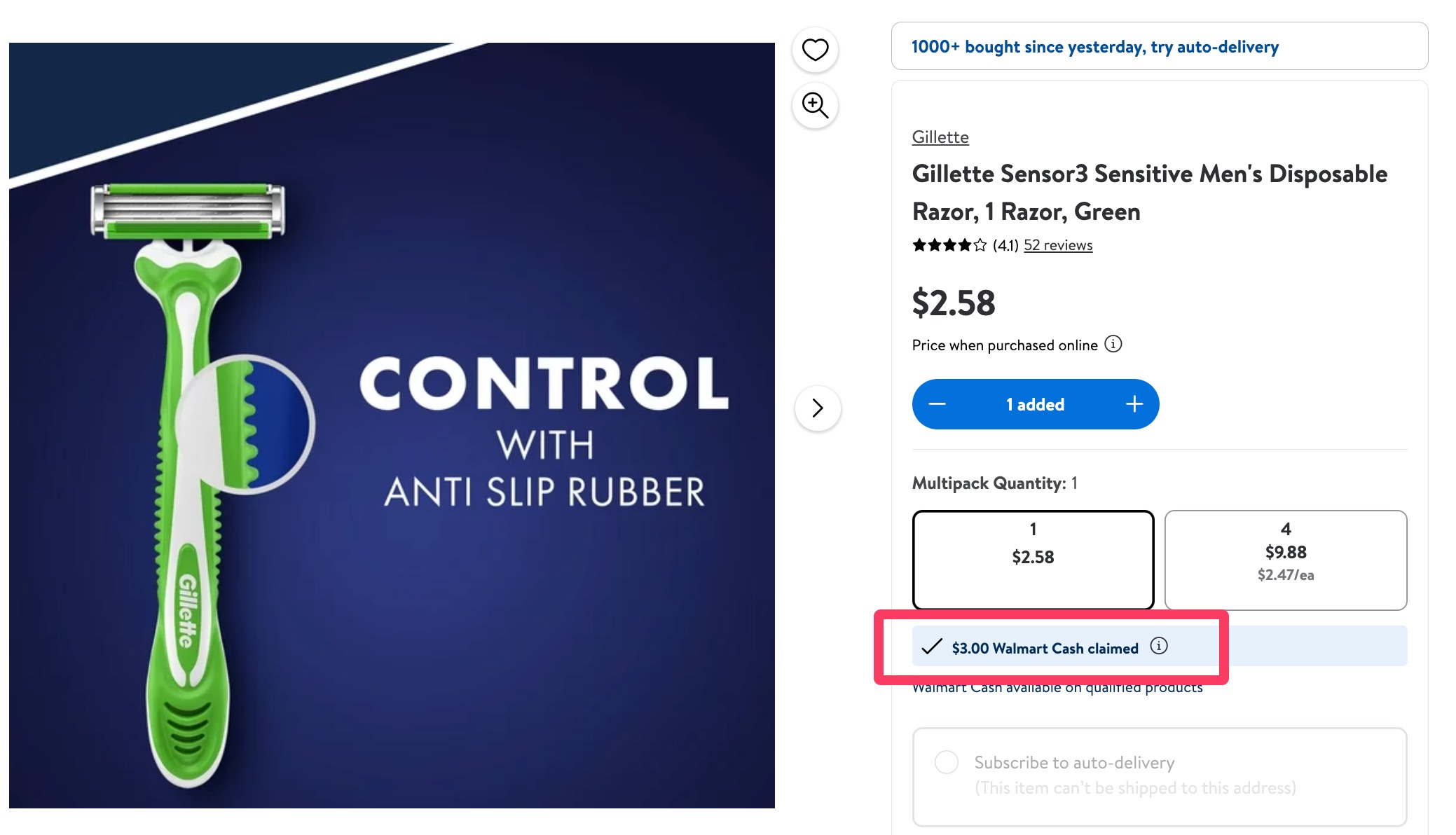 Walmart 免费 Gillette Sensor3 剃须刀免费领取