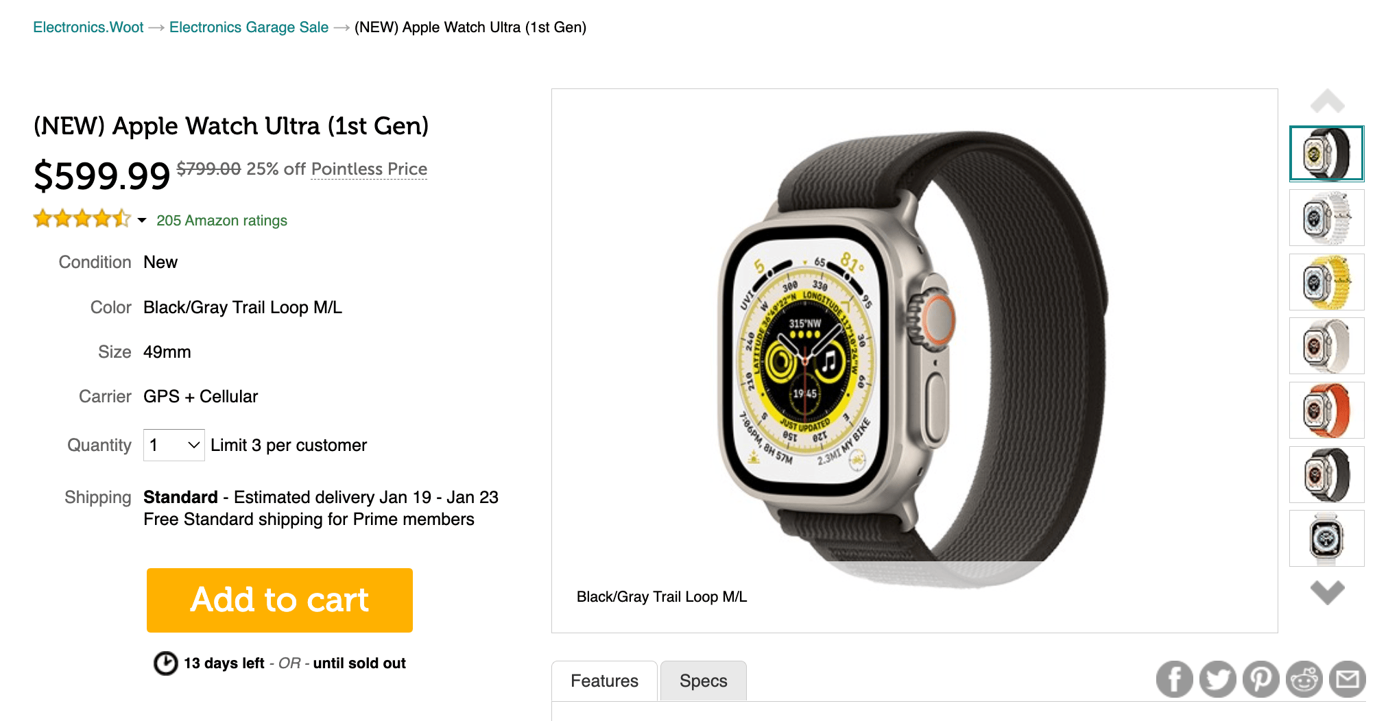 Apple Watch Ultra 1 立减 0，仅需 9.99，史低价【1/9 更新】