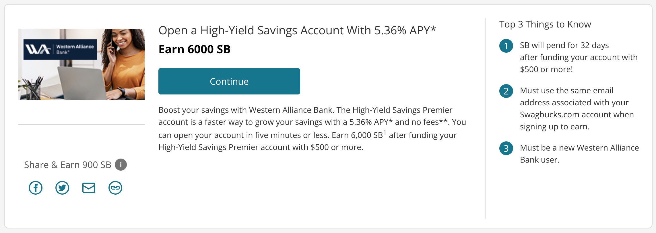 Western Alliance Bank 储蓄账户开户奖励 ,APY 高达 5.36%