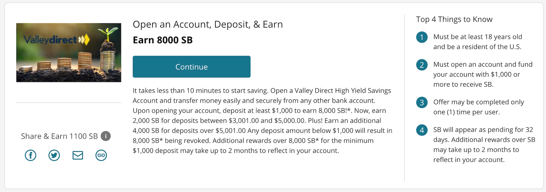 Valley Direct 储蓄账户开户奖励 0，完全免费，高 APY【4/10：奖励提高至 0】