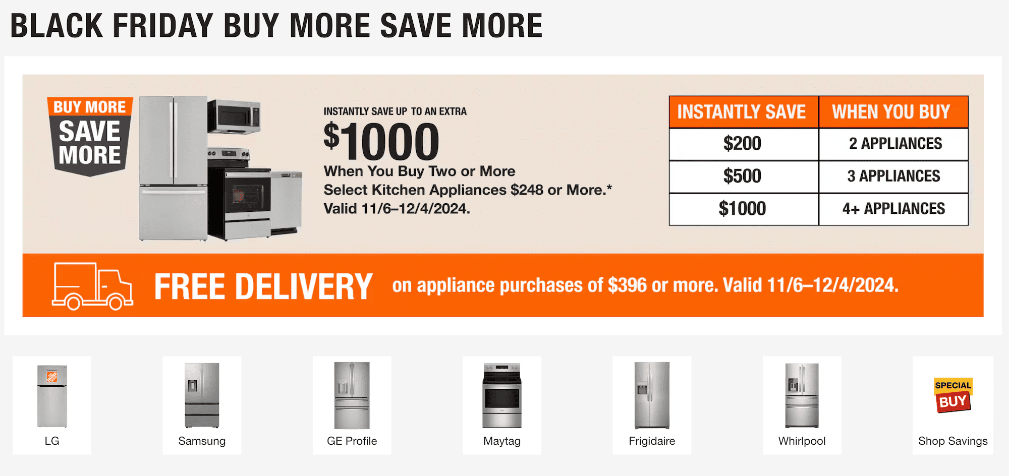 Home Depot 黑五特价：买任意四件家电减 00