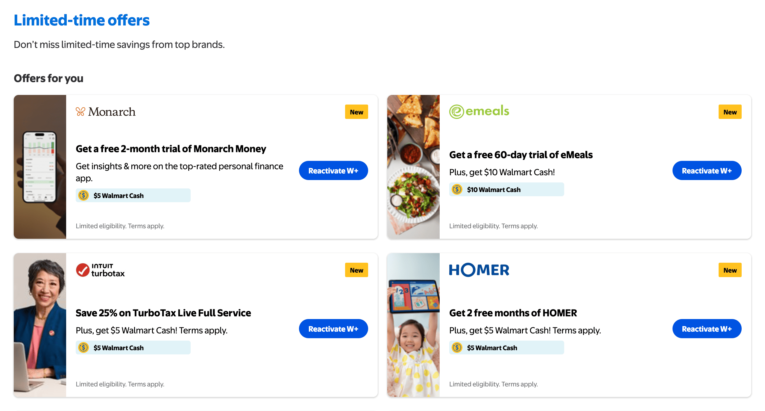 Walmart+ 会员免费试用一些服务可获得  Walmart Cash 奖励
