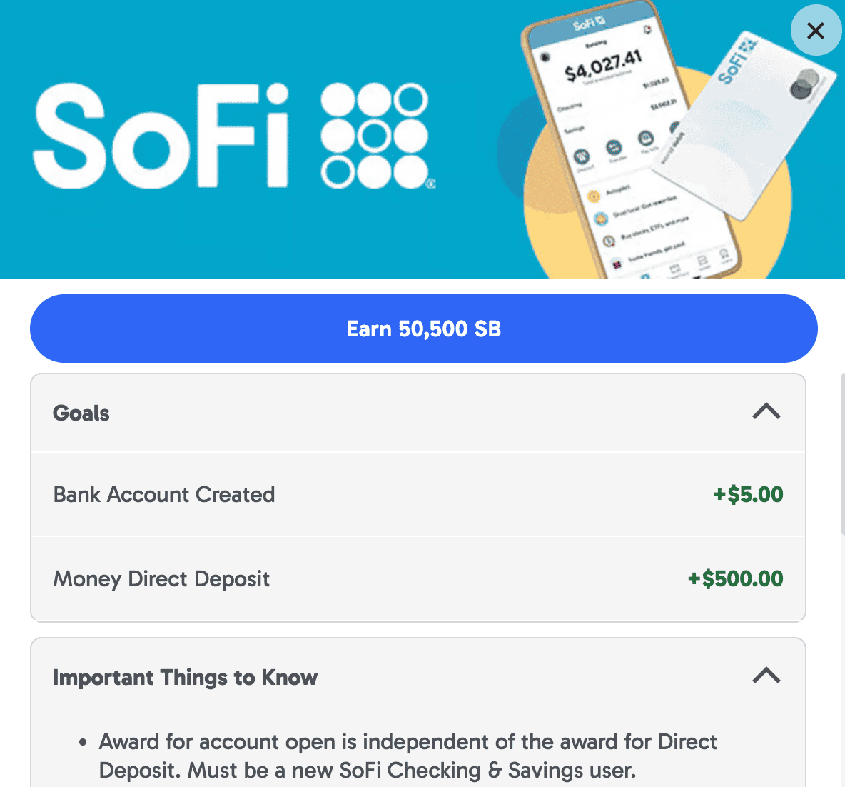 开通 SoFi Checking & Saving 最高倒赚 5，APR 4.3%【11/29 更新：奖励史高，APR 提高】