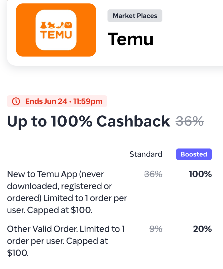ShopBack 上买 Temu 返现 100%，新客最高返 0【可薅】